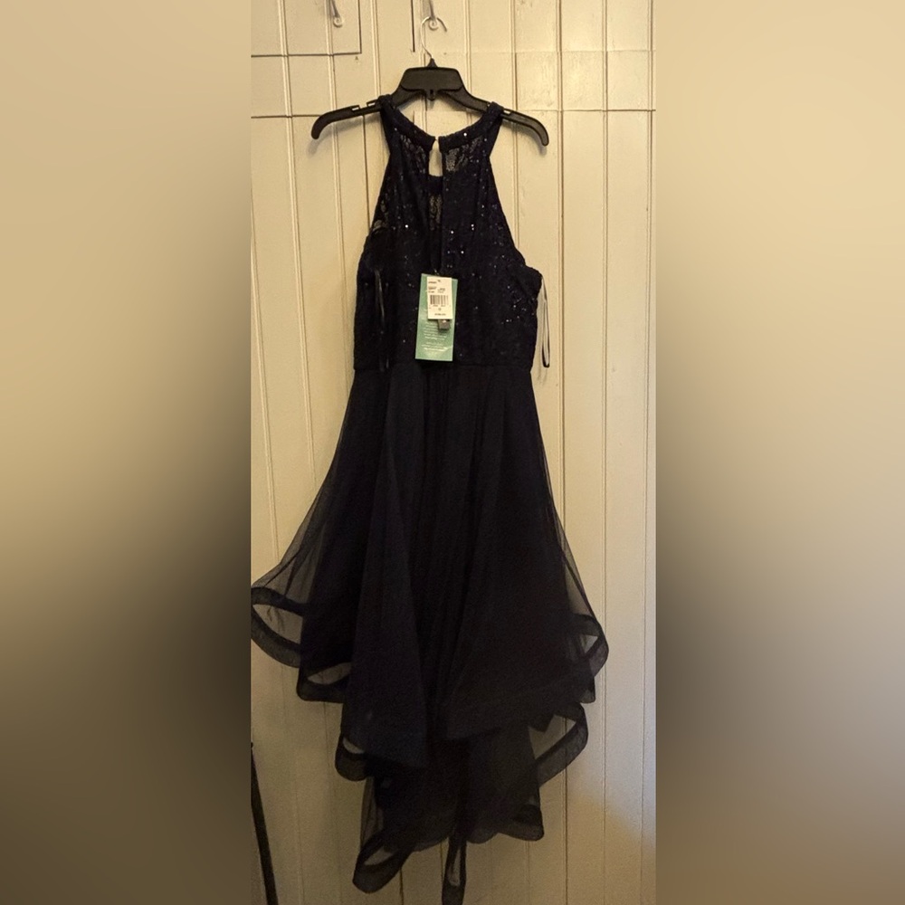 Navy Sequin High-Low Tulle Prom Dress